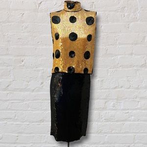 VINTAGE 80s Gold Black Dots Sequin High Neck Sleeveless Top Black Pencil Skirt